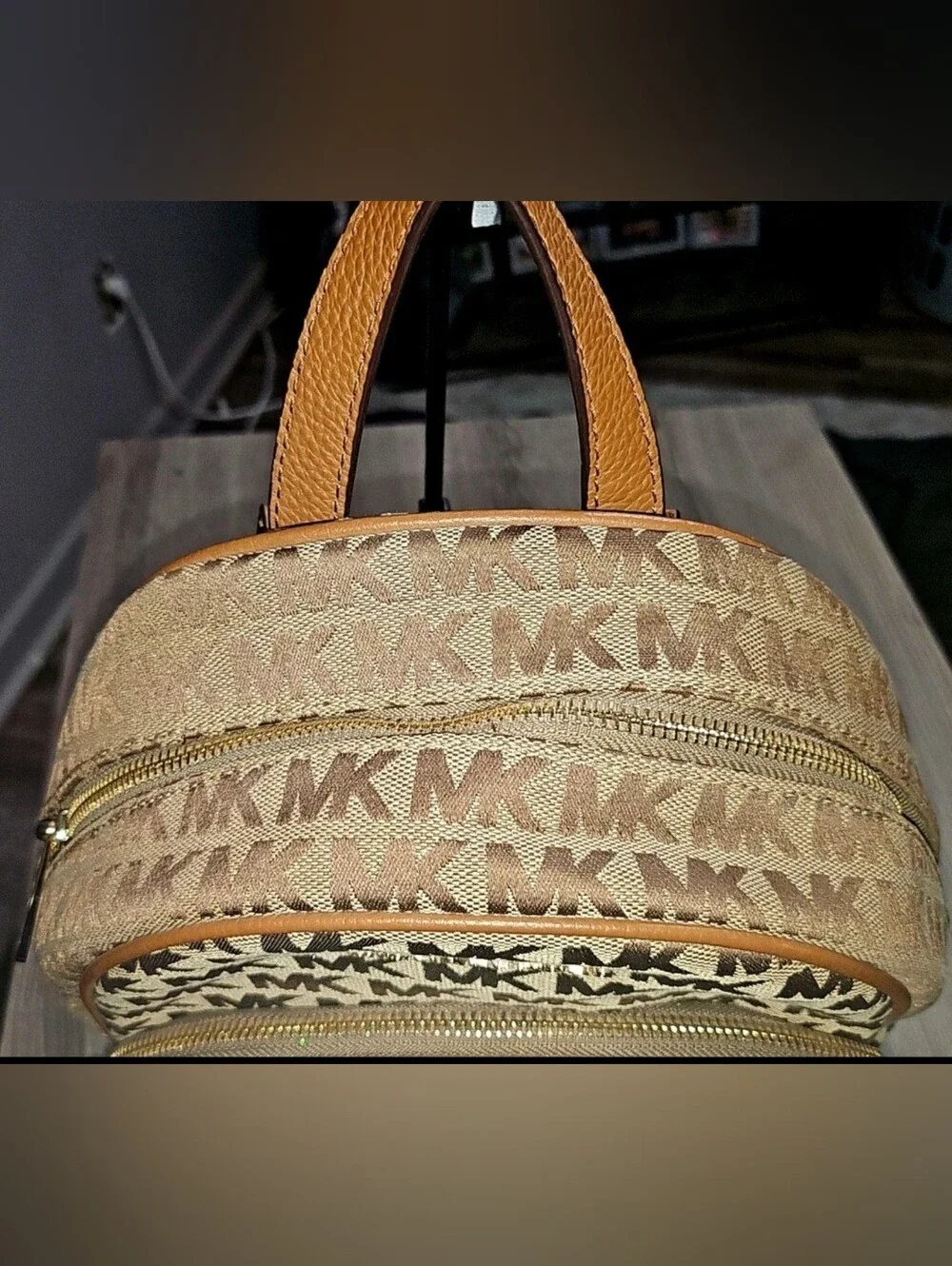 Auth. Michael Kors Abbey MK Signature Jaquard Backpack Beige/Ebony Medium